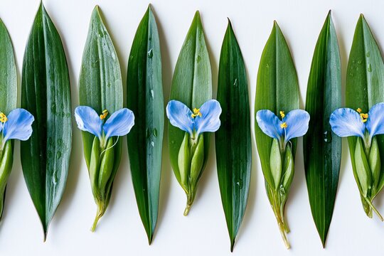 Dayflower Tsuyukusa with Long Leaves in a Row with Dew Drops