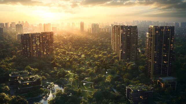 Aerial view of a city rapidly expanding with high-rise buildings emerging from dense green forests under golden sunset light showcasing urban growth and environmental transformation.