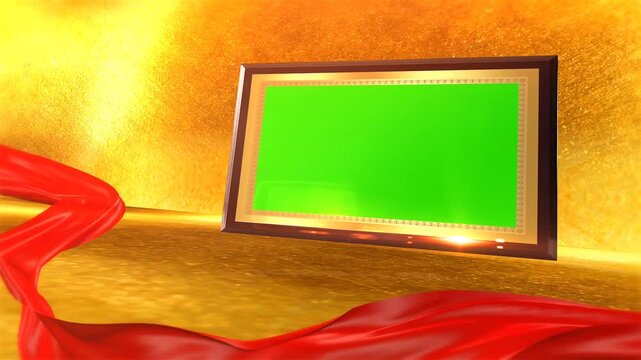 Golden Picture Frame Mockup with Green Screen Chroma Key Placeholder and Waving Red Silk Ribbon Motion Background