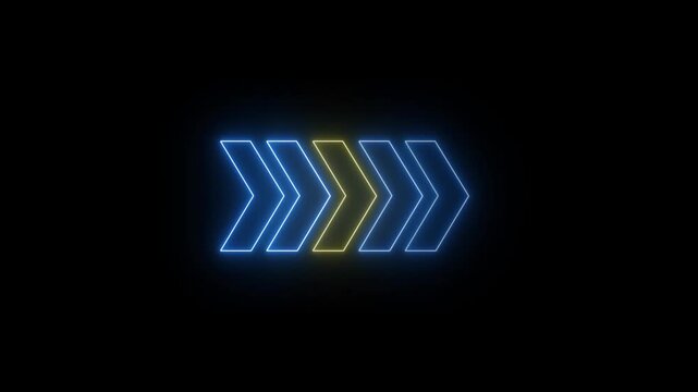 Neon glowing arrows loading animation loop, digital directional signage overlay