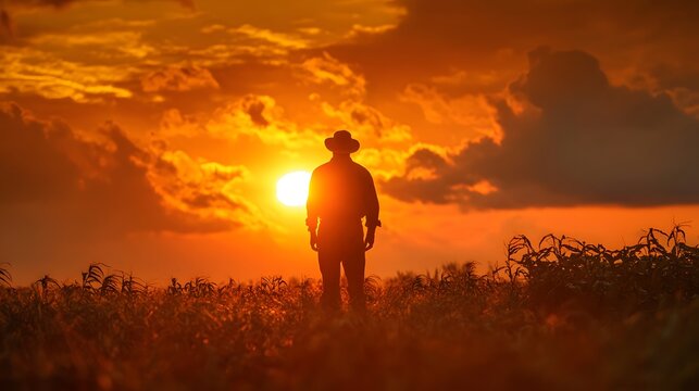 Silhouette of a farmer standing alone in a field at sunset as crops wither under harsh sun rays symbolizing climate change impact on farming livelihoods, elegantly showcasing agriculture.