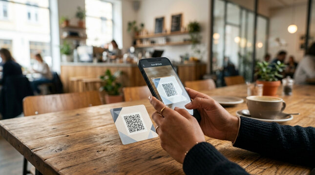 Customer scans QR code menu at cafe table using smartphone, contactless technology