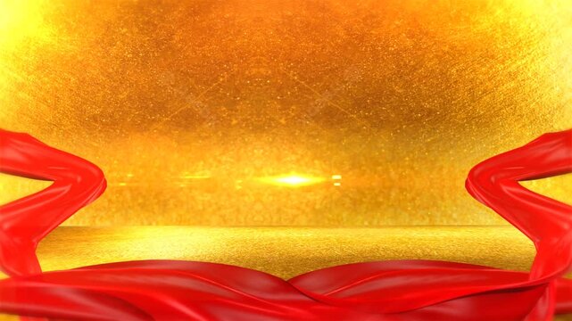 Ornate Gold Photo Screen Mockup with Green Screen Chroma Key Placeholder and Red Silk Ribbon Stage Backdrop