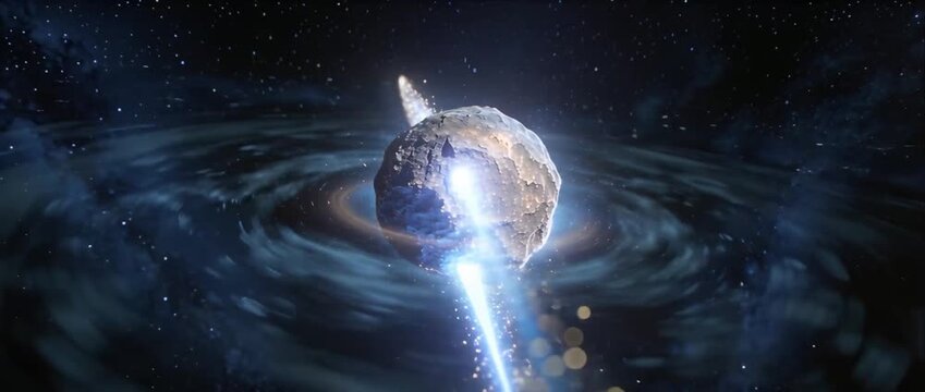Deep field galaxies in outer space with fractured asteroid, blue energy beam, planet ring, stars and cosmic dust dramatic meteor scene across galaxy field for science fiction background