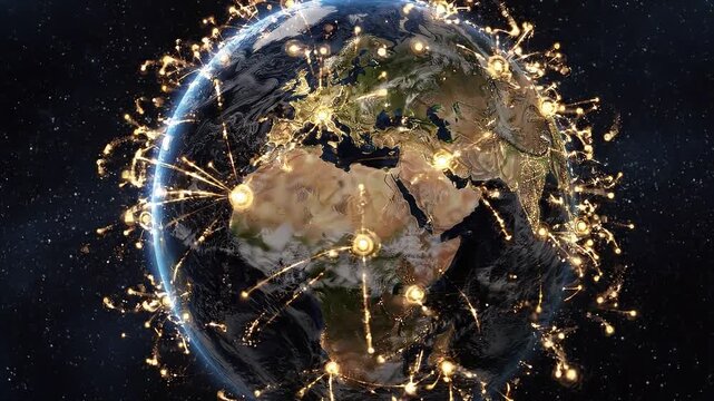 Golden digital connections wrap around Earth illustrating global technology, finance and communication.