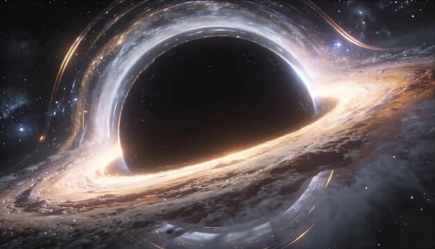 Black hole accretion disk deep field galaxies space astrophysics cosmic dust, glowing event horizon with gravitational lensing, starlight and universe gravity around horizon over starfield