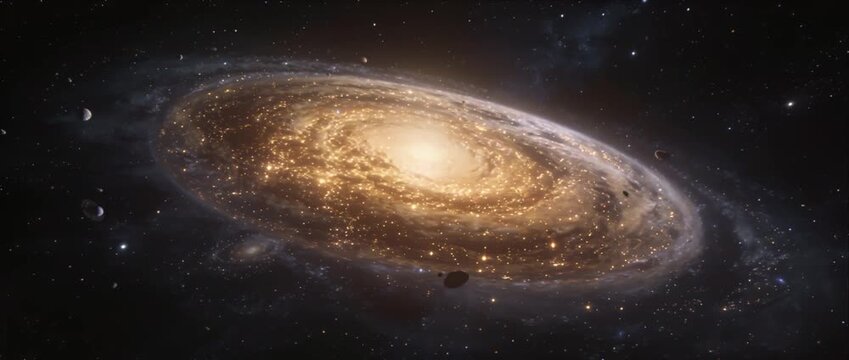 Spiral galaxy in deep space star field with galaxies, cosmic dust and glowing core, swirling nebula starlight across wide deep field universe background for astronomy science