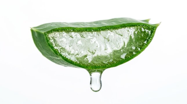Fresh aloe vera leaf slice with a clear gel drop isolated on white background
