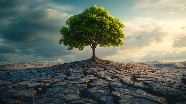 A lone vibrant tree stands resilient on cracked arid earth under dramatic sky, symbolizing survival amid environmental drought. Ideal for climate change, sustainability, or resilience themes.