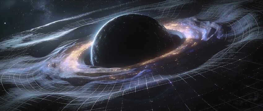 Black hole space galaxy accretion disk gravity spacetime deep field galaxies surround event horizon with glowing accretion disk, warped spacetime grid, cosmic dust swirling, starlight background