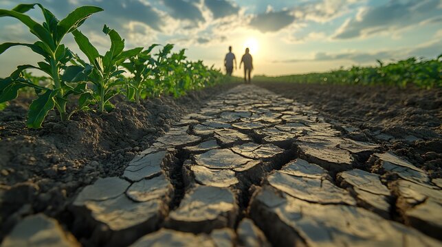 Farmers walk through cracked arid soil under a setting sun with wilting crops nearby symbolizing drought impact on farming communities, elegantly showcasing agriculture.
