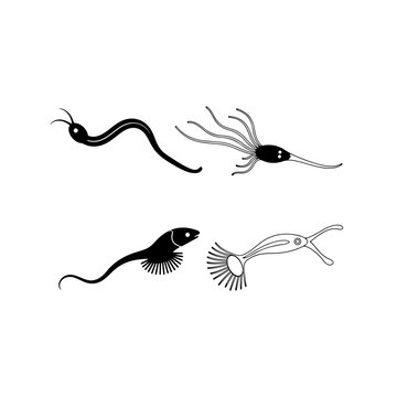 Vector set of fantasy sea creatures and bizarre aquatic animals in black and white style
