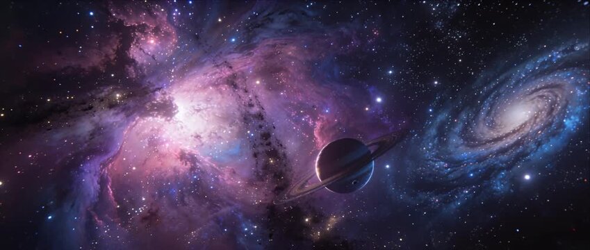 Galaxy nebula space planet star cosmos deep field galaxies universe scene with spiral galaxy, nebula glow, star dust and ringed planet drifting through purple blue starlight sky for astronomy cosmos