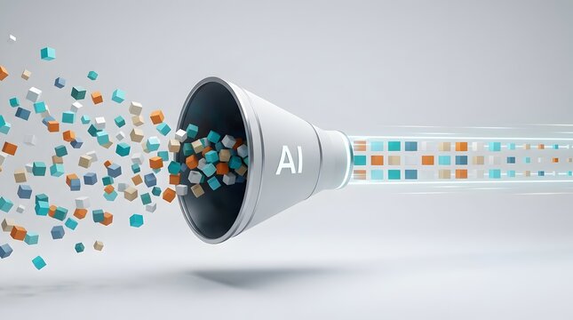 Machine learning data pipeline concept featuring AI funnel transforming scattered blocks into structured digital information stream