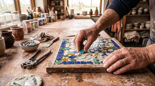 A skilled artisan meticulously places colorful ceramic tiles, crafting an intricate mosaic on a rustic wooden table. This hands-on process highlights authentic craftsmanship and dedication.