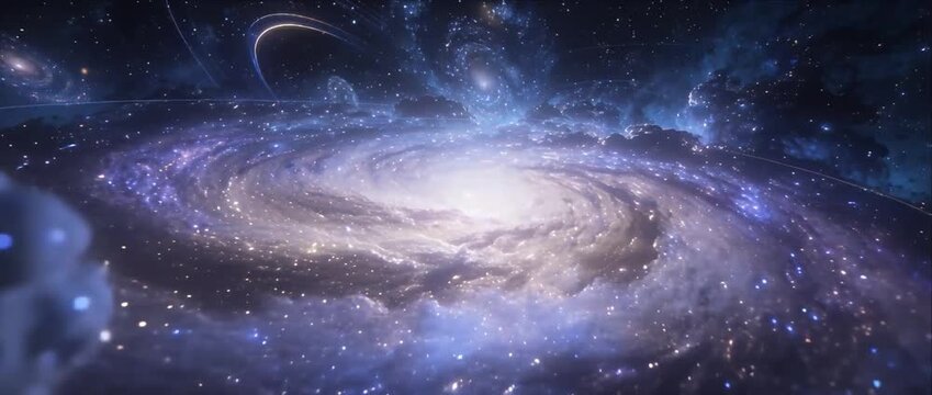 Galaxy spiral nebula star space cosmos deep field galaxies glowing across deep space, blue violet nebula dust and star clusters, bright core and distant horizon creating dramatic serene universe