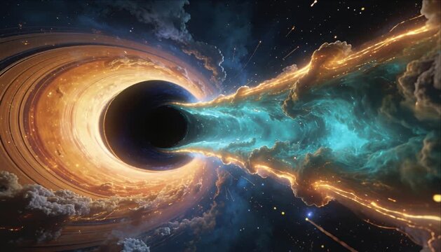 Black hole accretion disk deep field galaxies space nebula star dust scene with glowing plasma jet cosmic cloud energy stream, galaxies swirling around accretion disk light painting background