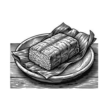 A detailed vintage woodcut-style sketch of a traditional tamale wrapped in husk on a round.