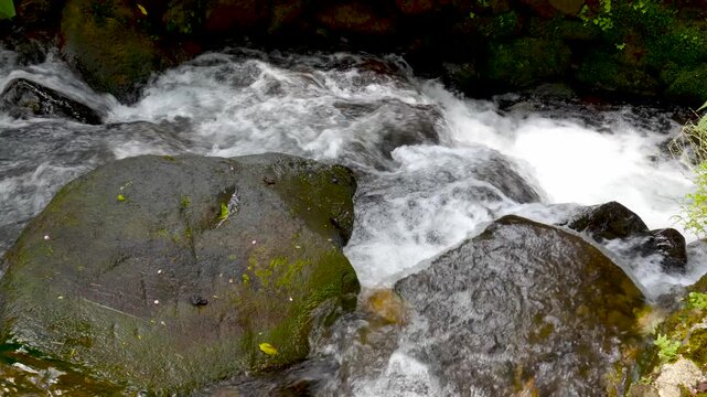 Fast clear water rushing between large mossy rocks in a mountain stream. Great for nature b-roll, ambience videos, documentaries, and meditation visuals.