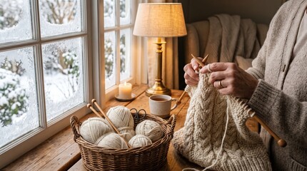 Obraz premium Hands knitting a warm wool sweater by a frosty window. This cozy indoor scene offers comfort and represents a mindful, handmade winter lifestyle.