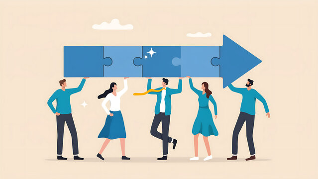 Business team joining puzzle pieces to form a large directional arrow