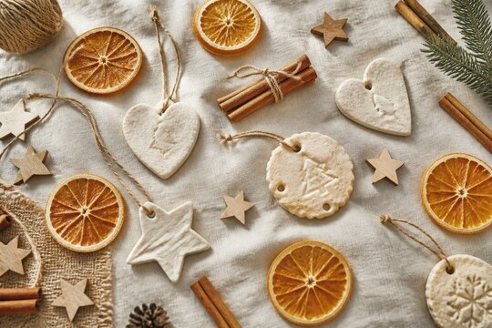 Natural Christmas decorations like dried orange slices, cinnamon sticks, and handmade clay ornaments are artfully arranged. This eco-friendly, festive collection creates 