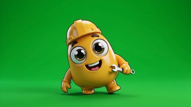 Cute cartoon character in a hard hat holding a wrench on a green background, representing repair and maintenance services.