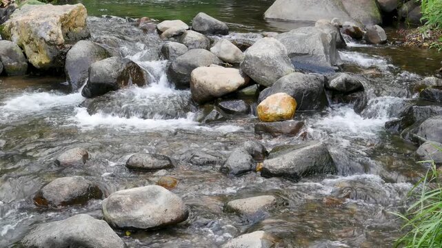 Clear and steady mountain stream running over mixed rocks. Perfect for nature background loops, ambience, travel videos, and environmental visuals.
