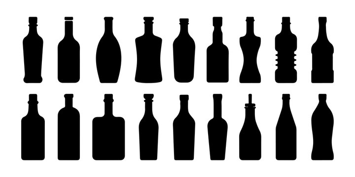 Alcohol bottle silhouettes set black minimal glass container shapes for beverage bar and restaurant design.