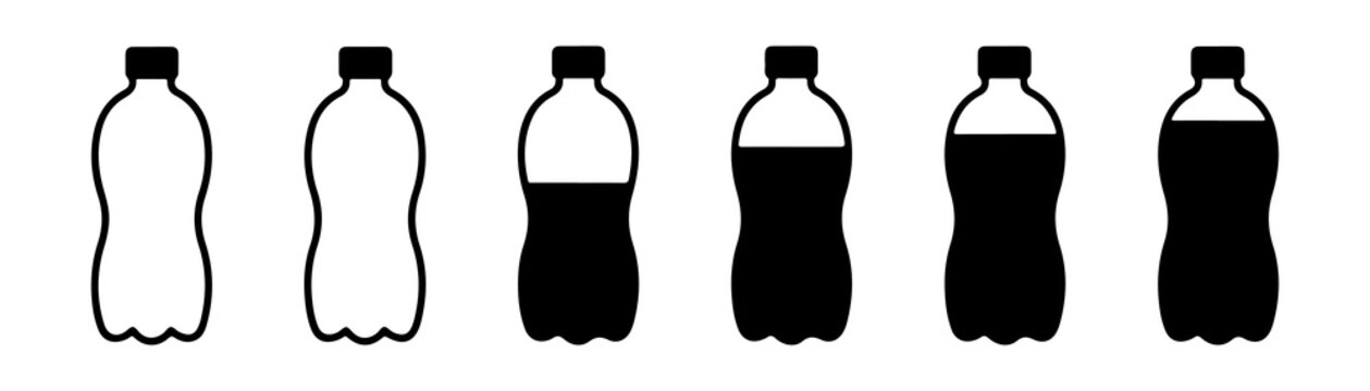 A sequence of water bottle icons depicting various fill levels from empty to full for hydration tracking.