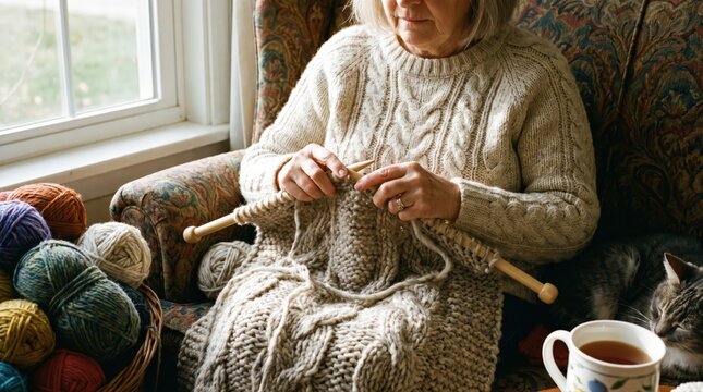 A senior woman skillfully hand-knitting a cozy, chunky blanket in a sunlit armchair by a window. This activity fosters mindful relaxation, creative expression, and a fulfilling, sustainable lifestyle.