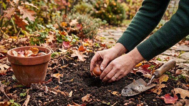 Person plants spring flower bulbs into rich soil during autumn preparation. This engaging seasonal gardening activity promotes outdoor lifestyle and horticultural growth.