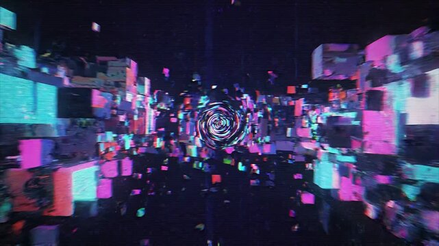 Fast multicolored digital glitch patterns create an energetic seamless looping technology background.