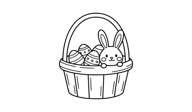 Cute Easter basket with bunny and eggs line art outline vector icon