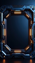 Fototapeta premium Vertical futuristic metallic frame with glowing blue and amber light accents and a large empty center for text or design.