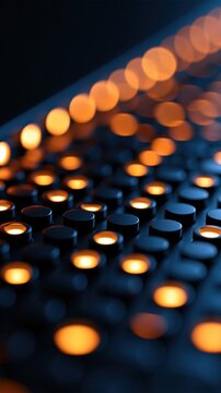 Abstract cybersecurity themed background with glowing orange and blue lights, dark moody tones, and blurred bokeh over a grid of round elements, suitable for a technology poster or banner.