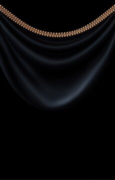 Elegant black satin fabric background with draped folds and gold beaded trim along the top, creating a luxurious empty space for text or branding.