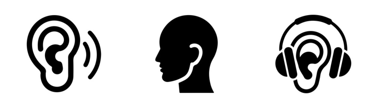 Three black icons representing hearing with sound waves, a profile, and headphones on white.