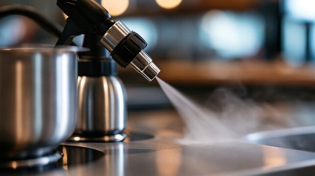 Close-up of a sanitizing spray nozzle spraying mist onto a stainless steel surface with shallow depth of field and blurred background in a commercial kitchen or facility cleaning setting.