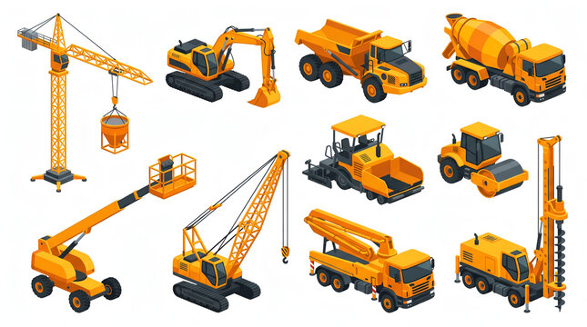 Construction Heavy Equipment Collection Excavator Crane Truck Vector Illustration