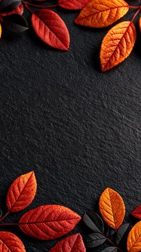 Minimal autumn leaves arranged around the edges on a dark textured background with large central copy space, creating a moody seasonal backdrop for Halloween or fall event design.