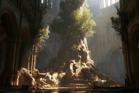  Ancient Tree with Massive Roots Overtaking Church Ruins
