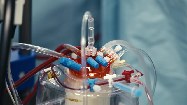 Centrifugal pump head and medical tubing supporting blood circulation during a complex cardiac procedure. Concept artificial circulation, advanced perfusion equipment, cardiovascular surgery and patie