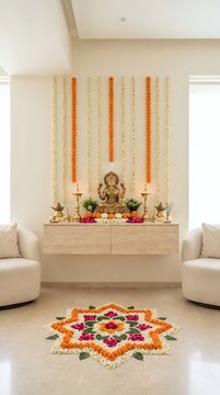 Elegant Hindu Altar with Lakshmi Idol and Colorful Floral Decor