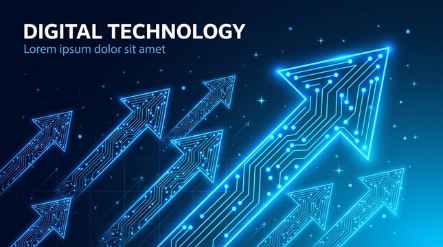 Glowing blue circuit arrows pointing upward on digital background with background grid pattern technology innovation electronic progress with graphic