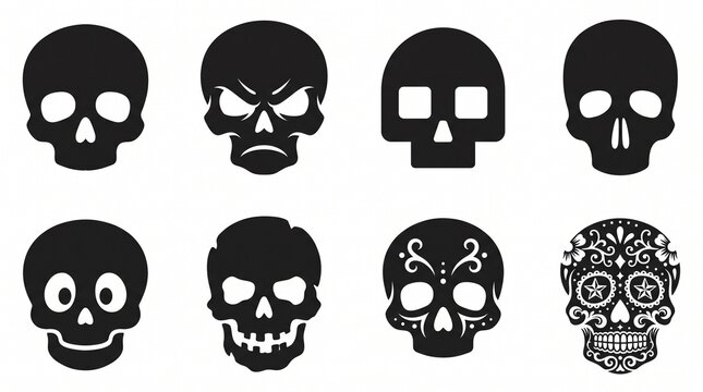 Minimalist skull silhouettes, ornate sugar skull artistry, cultural symbolism, abstract death iconography, timeless design.