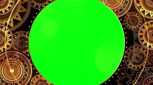 Luxury Golden Mandala Circular Frame Mockup with Green Screen Chroma Key Center and Traditional Indian Royal Ornament Motion Background