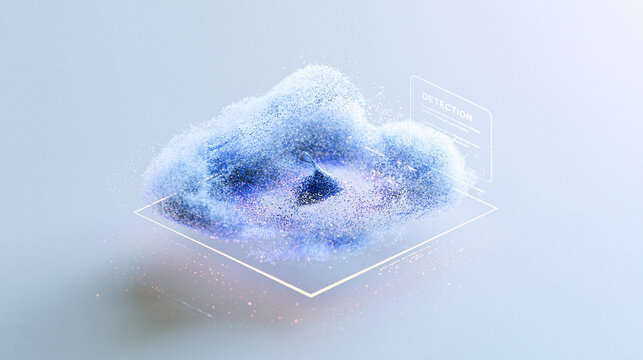 Dataset scan visual where a cluster of points is highlighted within a floating holographic data cloud beside a detection label bright clean background crisp point detail airy