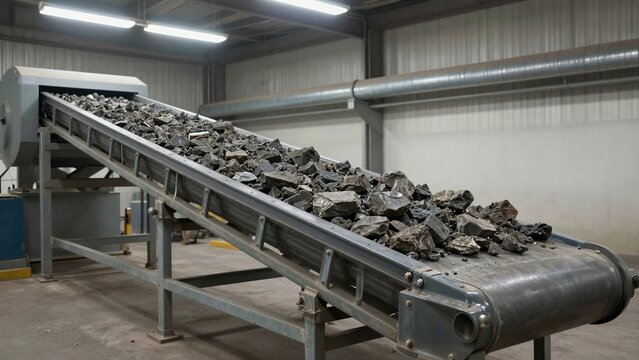 A robust mining conveyor belt moves heavy chunks of processed ore through a large warehouse under bright artificial lighting.
