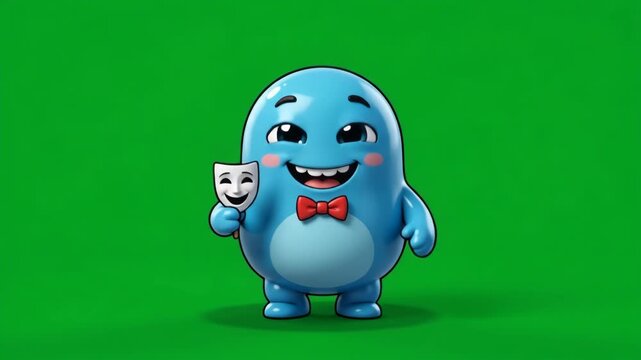 Cute blue cartoon character holding a white theatrical mask on a green screen background.